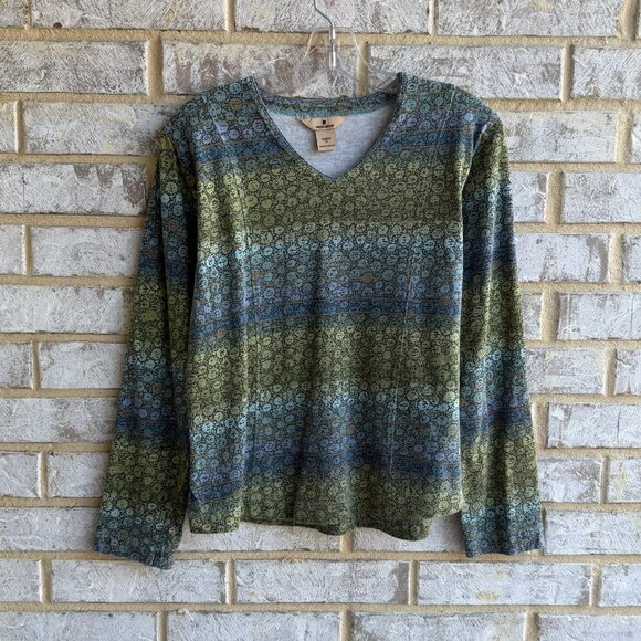 Woolrich Tops - Woolrich Long Sleeve V-Neck Green/Blue Abstract Stripe Cotton Shirt Size M